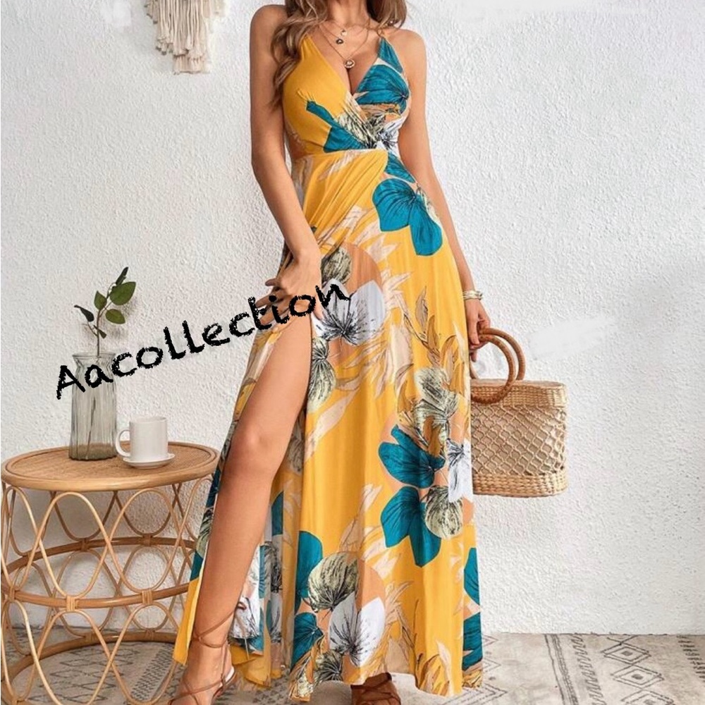 Boho Floral Tropical Print Backless Open Back Slit Maxi Dress - Picture 3 of 3